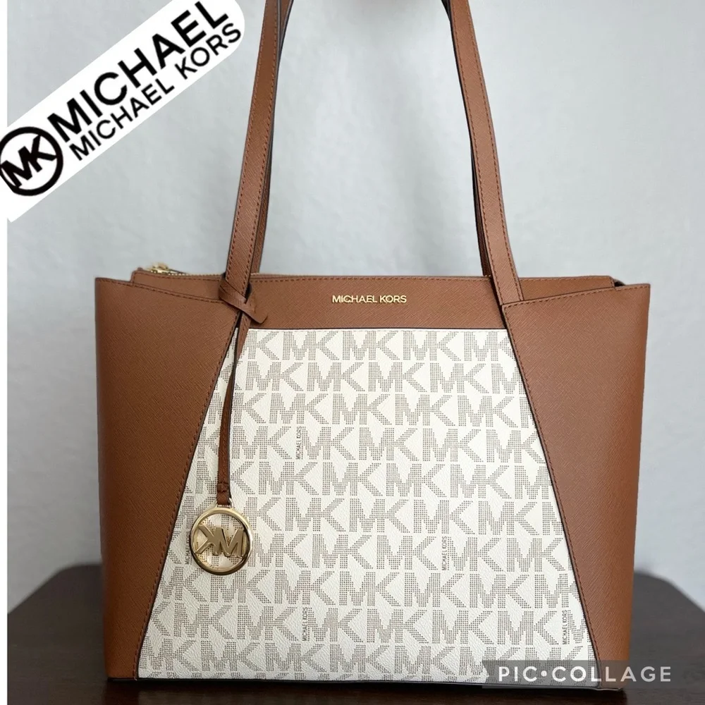 SALE💥💥MICHAEL KORS‎ MADDIE TOTE MEDIUM VANILLA CANVAS/LEATHER SHOULDER BAG